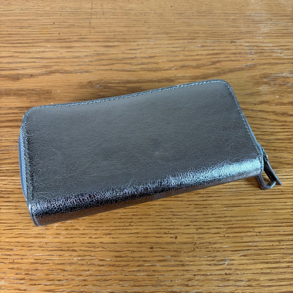 Metallic Silver Double Zip Around Accordion Wallet Organizer Clutch